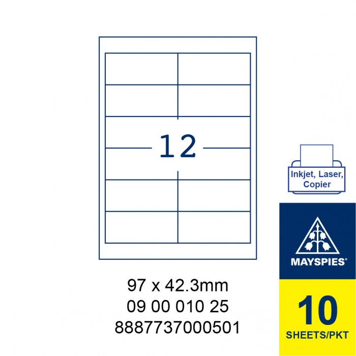 MAYSPIES 09 00 010 25 LABEL FOR INKJET / LASER / COPIER 10 SHEETS/PKT WHITE 97 X 42.3MM